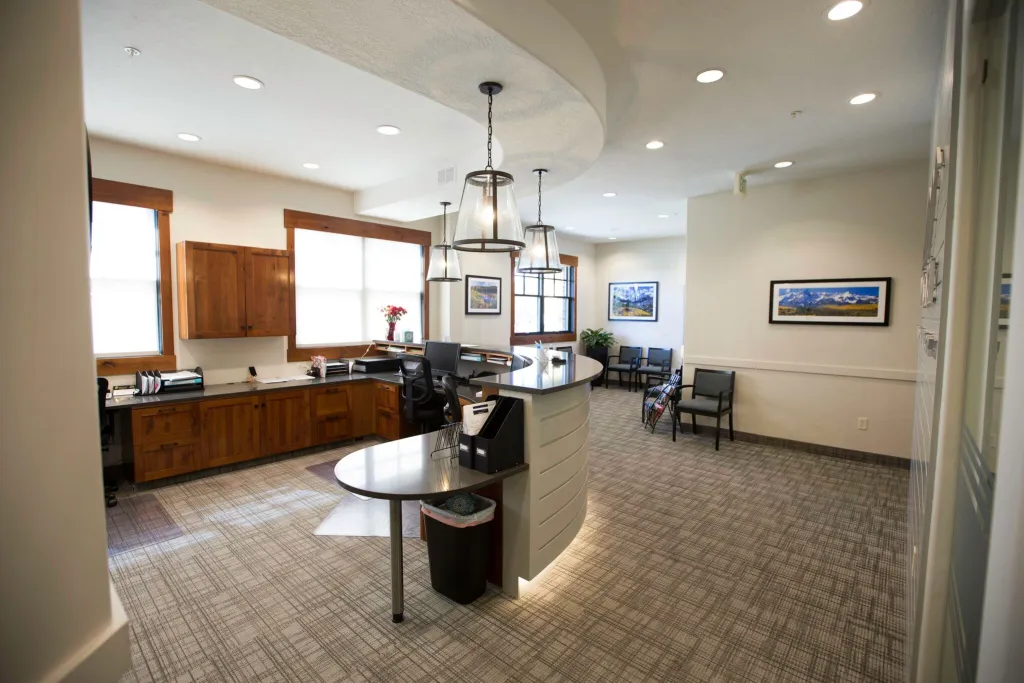 View of reception area from behind the front desk